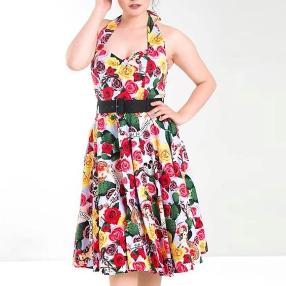 HELL BUNNY Mexico 50s Rockabilly Halter Neck Cotton Midi Dress - Picture 5 of 16